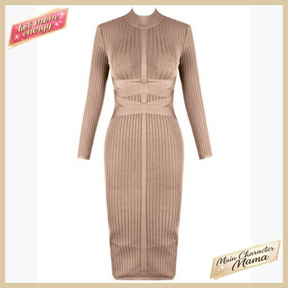 Cross Strap Ribbed Bandage Bodycon Midi Dress Long Sleeve Fall Party Wear - Picture 4 of 6